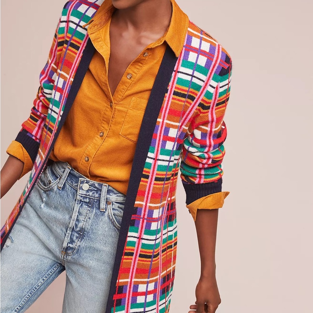 Anthropologie Multicolor Plaid Long Cardigan with Navy Trim